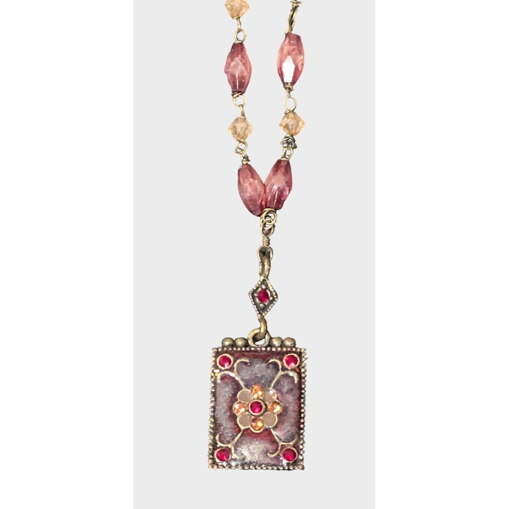 Victorian Style Pendant Necklace Bronze Tone Lucite Red Floral Boho Jewelry